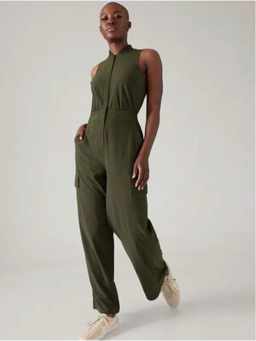 Athleta Brooklyn Olive Green Sleeveless Utility Jumpsuit - Picture 2 of 7
